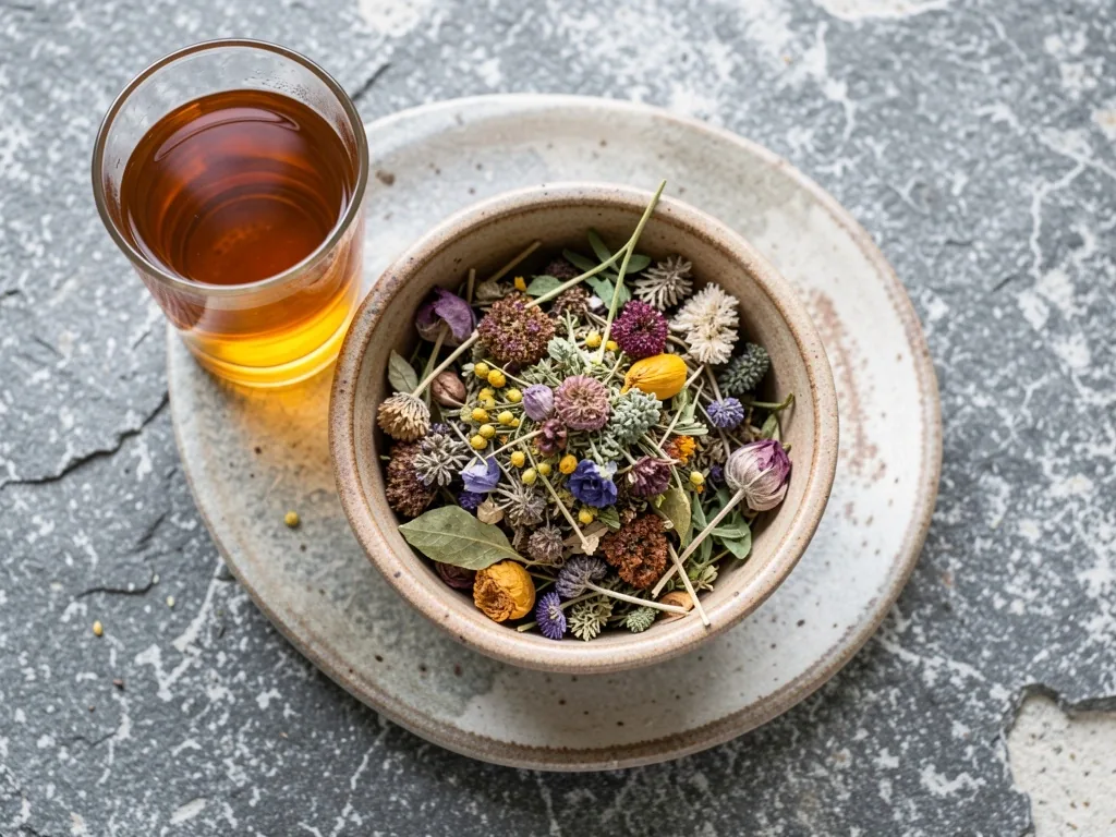 Bol d'herbes séchées et infusion sur pierre