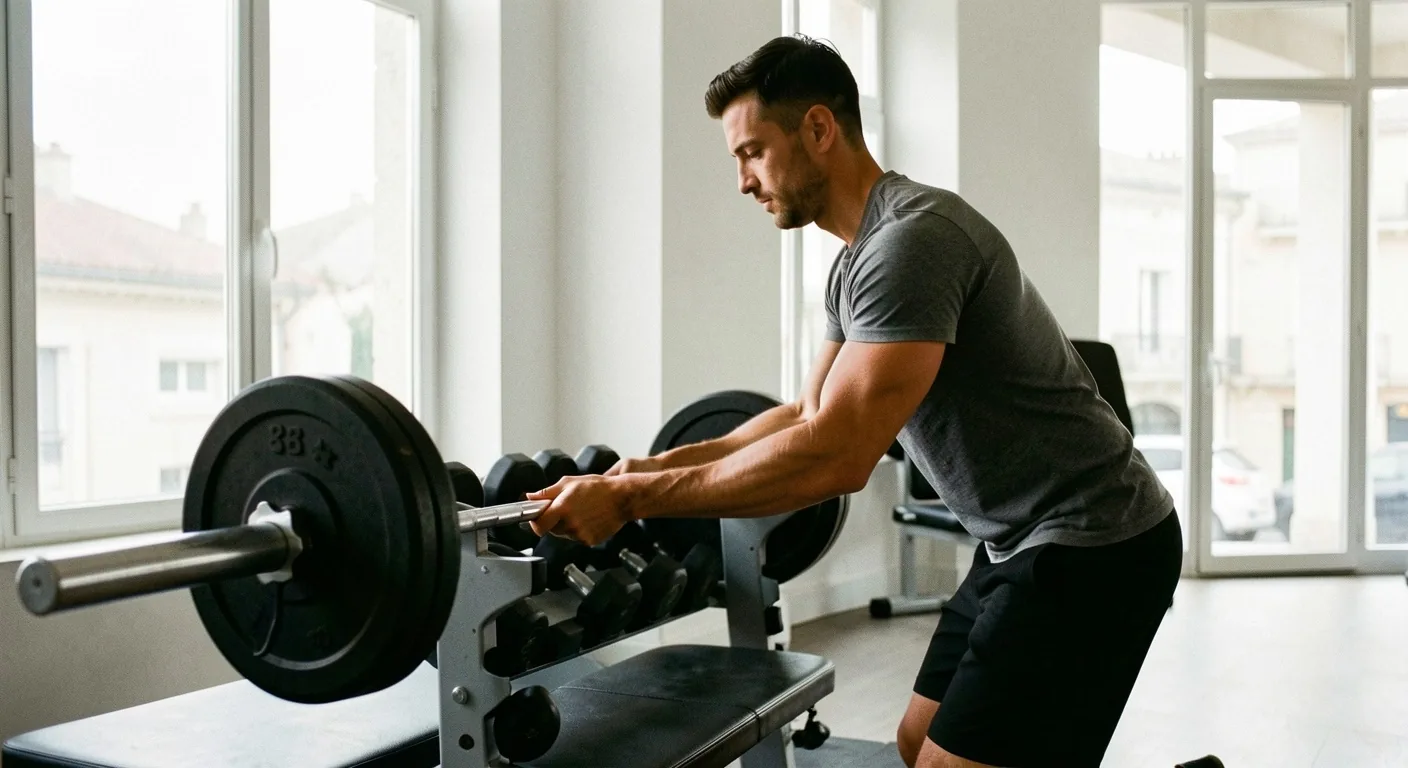 Coach préparant une barre dans une salle de sport minimaliste
