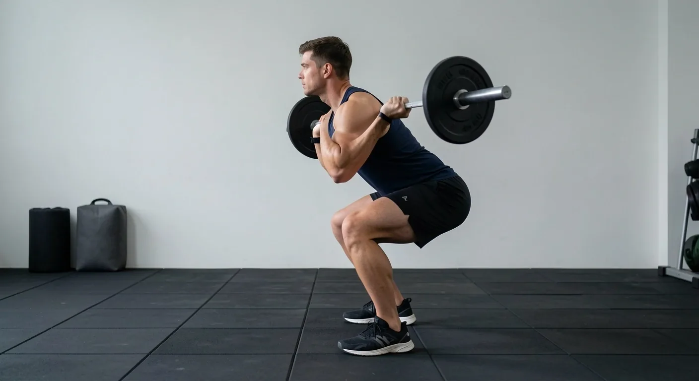 Athlète en plein squat avec barre dans une salle épurée