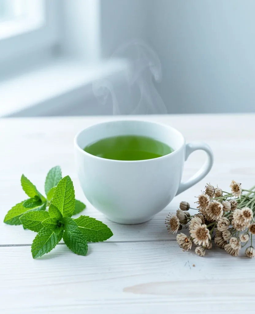 Tasse de thé vert et plantes drainantes